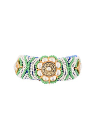 Gold Finish Pachi Kundan Bracelet With Blue Emerald In Mix Metals