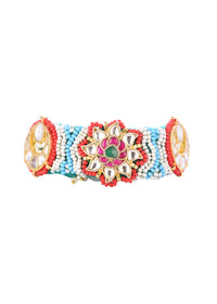 Gold Finish Pachi Kundan Bracelet With Blue Ruby In A Mix Metal