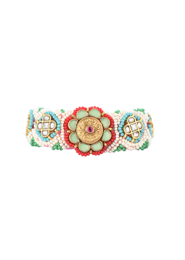 Gold Finish Kundan Bracelet With Emerald And Ruby In A Mix Metal