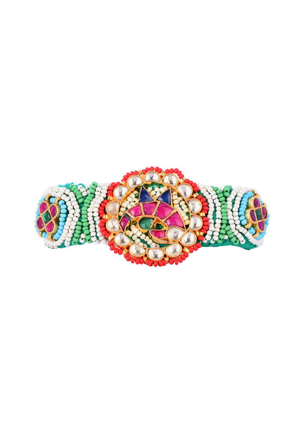 Gold Finish Pachi Kundan Bracelet With Emerald And Ruby In A Mix Metal