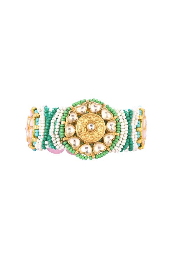 Gold Finish Pachi Kundan Bracelet With Emerald In A Mix Metal