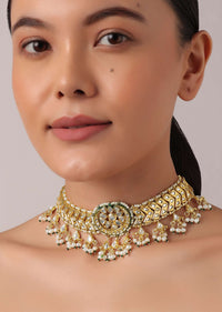 Gold Finish Pendant Choker Set With Bead Drops And Studded Kundan