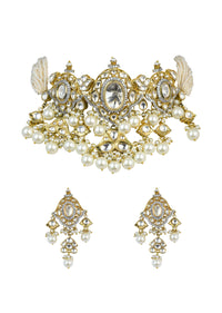 Gold Finish Kundan Polki Choker And Earrings Set In Mix Metal