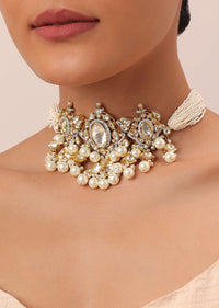 Gold Finish Kundan Polki Choker And Earrings Set In Mix Metal