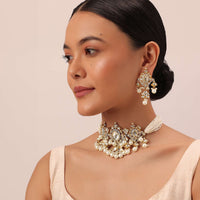 Gold Finish Kundan Polki Choker And Earrings Set In Mix Metal