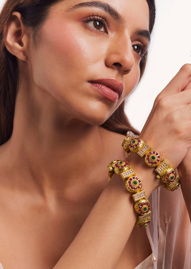 Gold Finish Red Kada Bangles In Kundan Polki