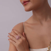 Gold Finish Red Kundan Studded Ring In Mix Metal