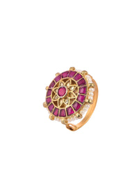 Gold Finish Red Kundan Studded Ring In Mix Metal