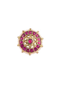 Gold Finish Red Kundan Studded Ring In Mix Metal