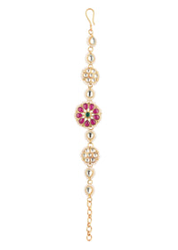 Gold Finish Red Kundan Bracelet With Meenakari And Pearls