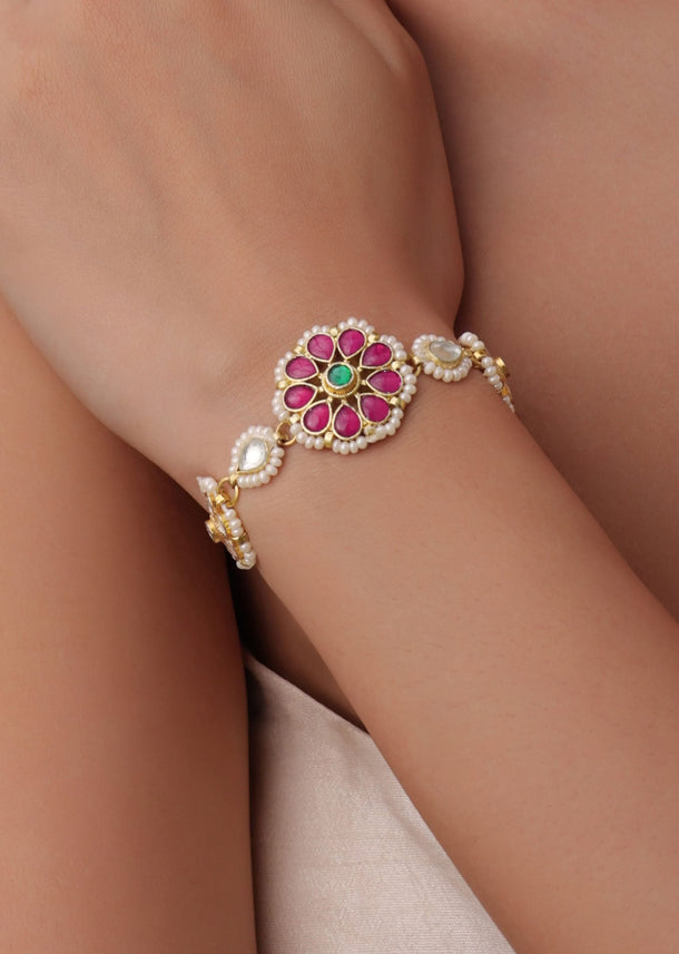 Gold Finish Red Kundan Bracelet With Meenakari And Pearls