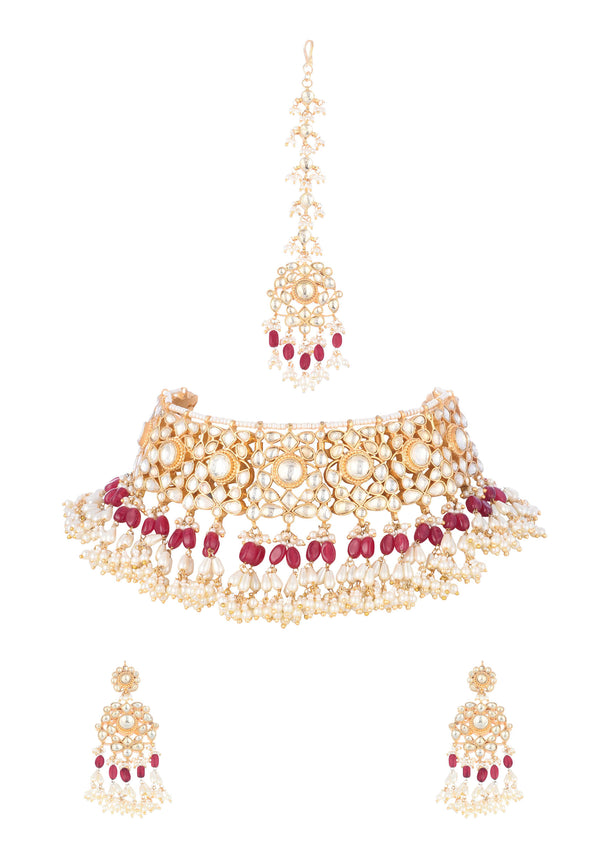 Gold Finish Ruby Stone Choker Set With Kundan Work