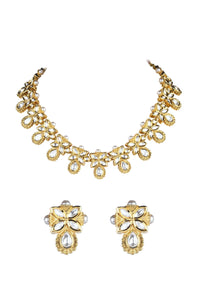 Gold Finish Short Moissanite Kundan Necklace Set