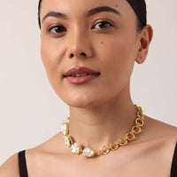Gold Finish Short Necklace With Mother Of Pearls