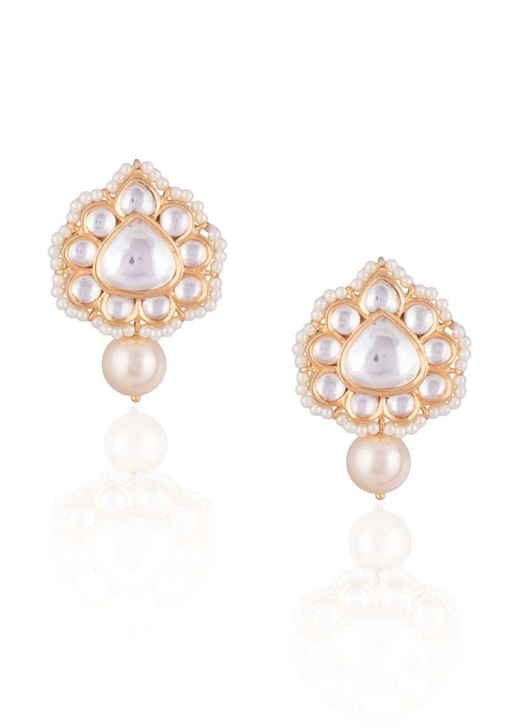 Gold Finish Stud Earrings With Kundan Work In Floral Design And Dangling Pearl By Aster