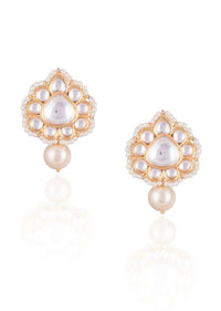 Gold Finish Stud Earrings With Kundan Work In Floral Design And Dangling Pearl By Aster