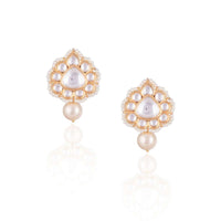 Gold Finish Stud Earrings With Kundan Work In Floral Design And Dangling Pearl By Aster