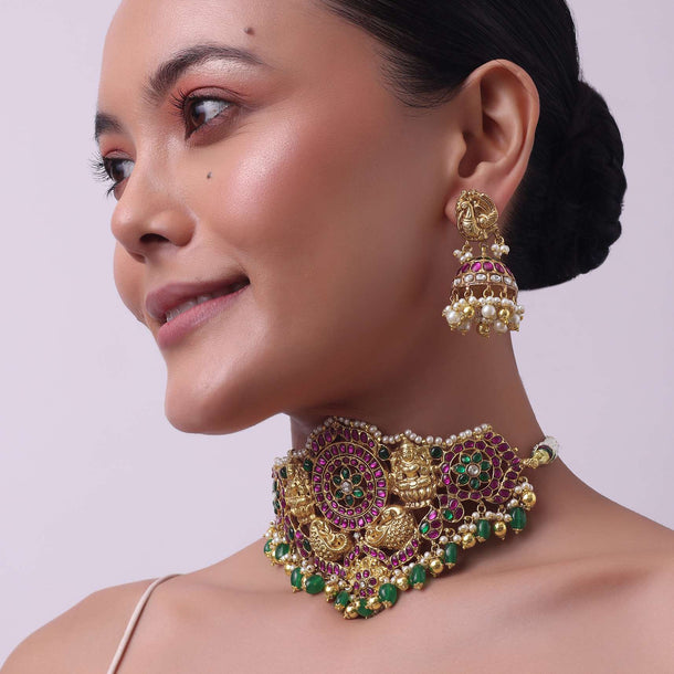 Multicolor Temple Style Choker And Earring Set With Meenakari Work