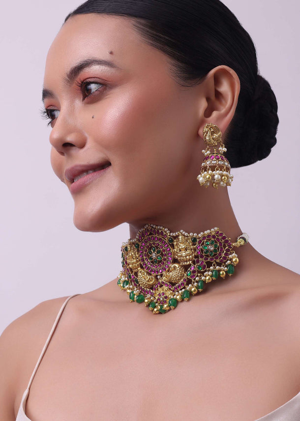 Multicolor Temple Style Choker And Earring Set With Meenakari Work