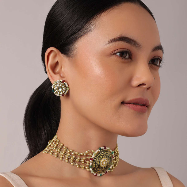 Gold Finish Temple Choker with Circular Motif And Studs