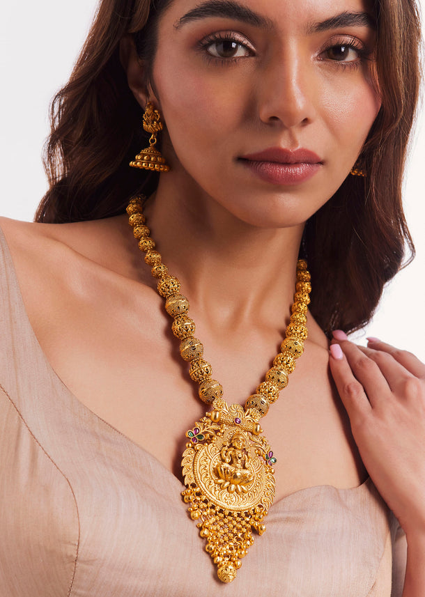 Gold Finish Temple Long Necklace Set