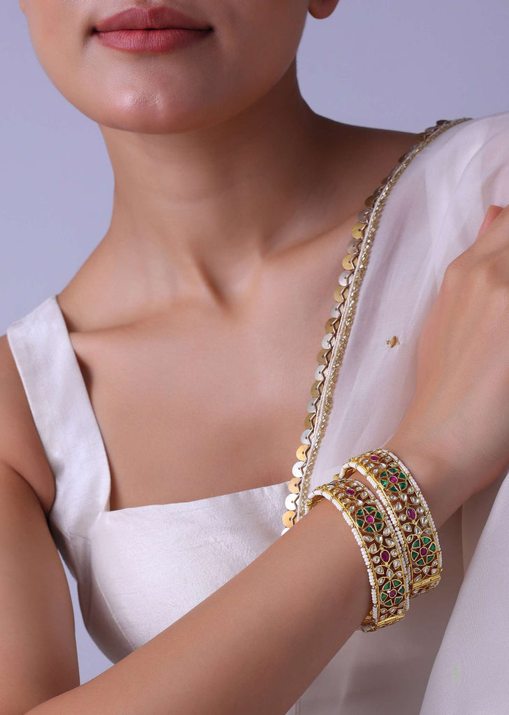 Gold Finish Temple Style Bangles Embedded With Pearls And Meenakari Work (Set of 2)