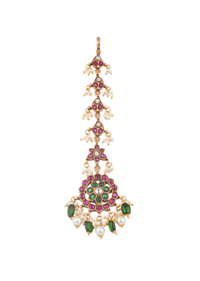 Gold Finish Temple Style Mang Tikka With Multicolor Meenakari Work