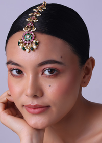 Gold Finish Temple Style Mang Tikka With Multicolor Meenakari Work
