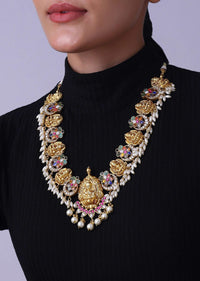 Gold Finish Temple Style Necklace With Pearls And Meenakari Work