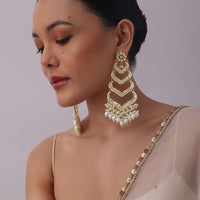 Gold Finish White Kundan Chandbalis With Pearls