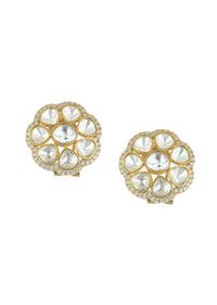 Gold Finish White Polki Studs In Mix Metal