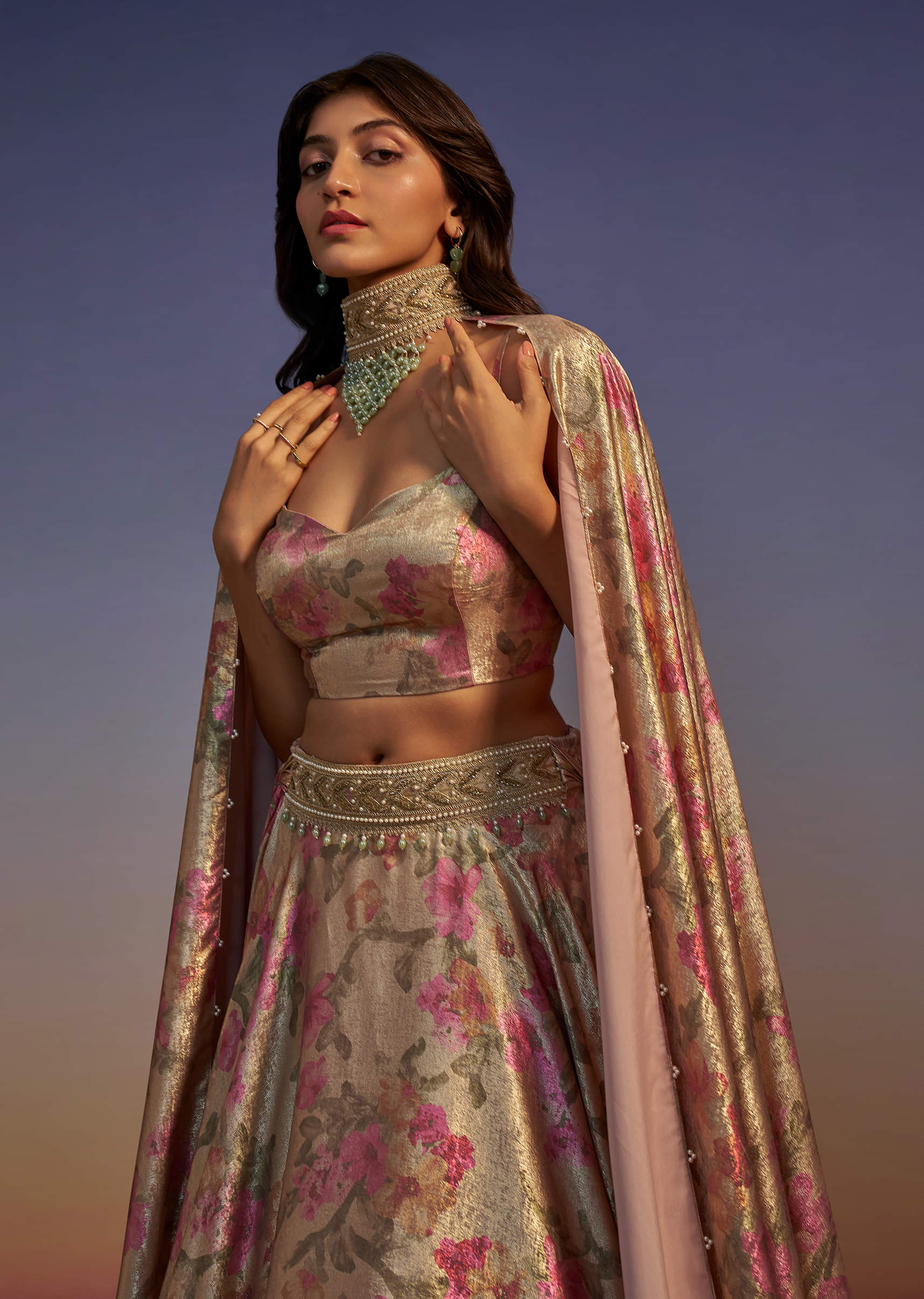 Gold Floral Printed Lehenga Set With Necklace Style Choker Dupatta