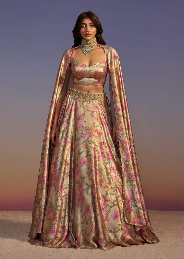 Gold Floral Printed Lehenga Set With Necklace Style Choker Dupatta