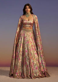 Gold Floral Printed Lehenga Set With Necklace Style Choker Dupatta
