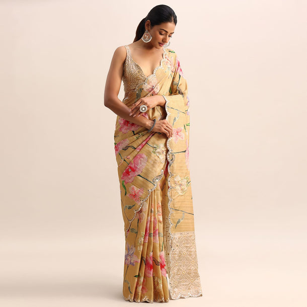 Gold Floral Printed Tissue Saree With Moti Work Border And Unstitched Blouse