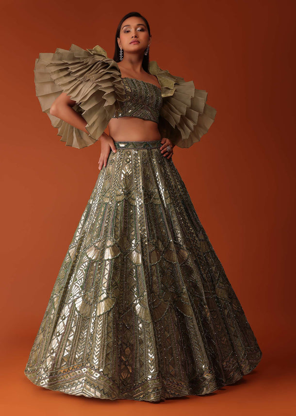 Gold Foil Hand Embroidered Bridal Lehenga And Blouse With Frill Sleeves
