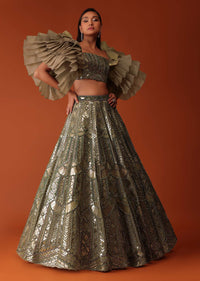 Gold Foil Hand Embroidered Bridal Lehenga And Blouse With Frill Sleeves