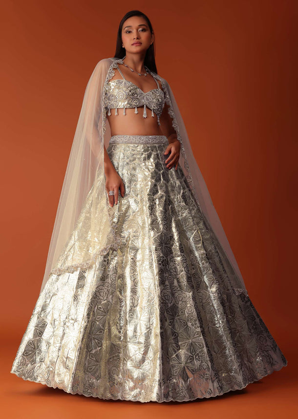 Gold Foil Embroidered Bridal Lehenga Set In Organza