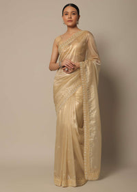 Gold Foil Print Tissue Saree With Bead Work And Unstitched Blouse Piece