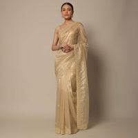 Gold Foil Print Tissue Saree With Bead Work And Unstitched Blouse Piece