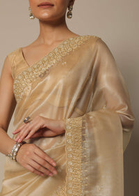 Gold Foil Print Tissue Saree With Bead Work And Unstitched Blouse Piece