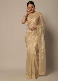 Gold Foil Print Tissue Saree With Bead Work And Unstitched Blouse Piece