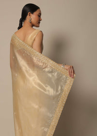 Gold Foil Print Tissue Saree With Bead Work And Unstitched Blouse Piece