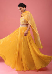 Canary Yellow Lehenga In Georgette With Fully Embroidered Blouse And Organza Dupatta