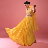 Canary Yellow Lehenga In Georgette With Fully Embroidered Blouse And Organza Dupatta