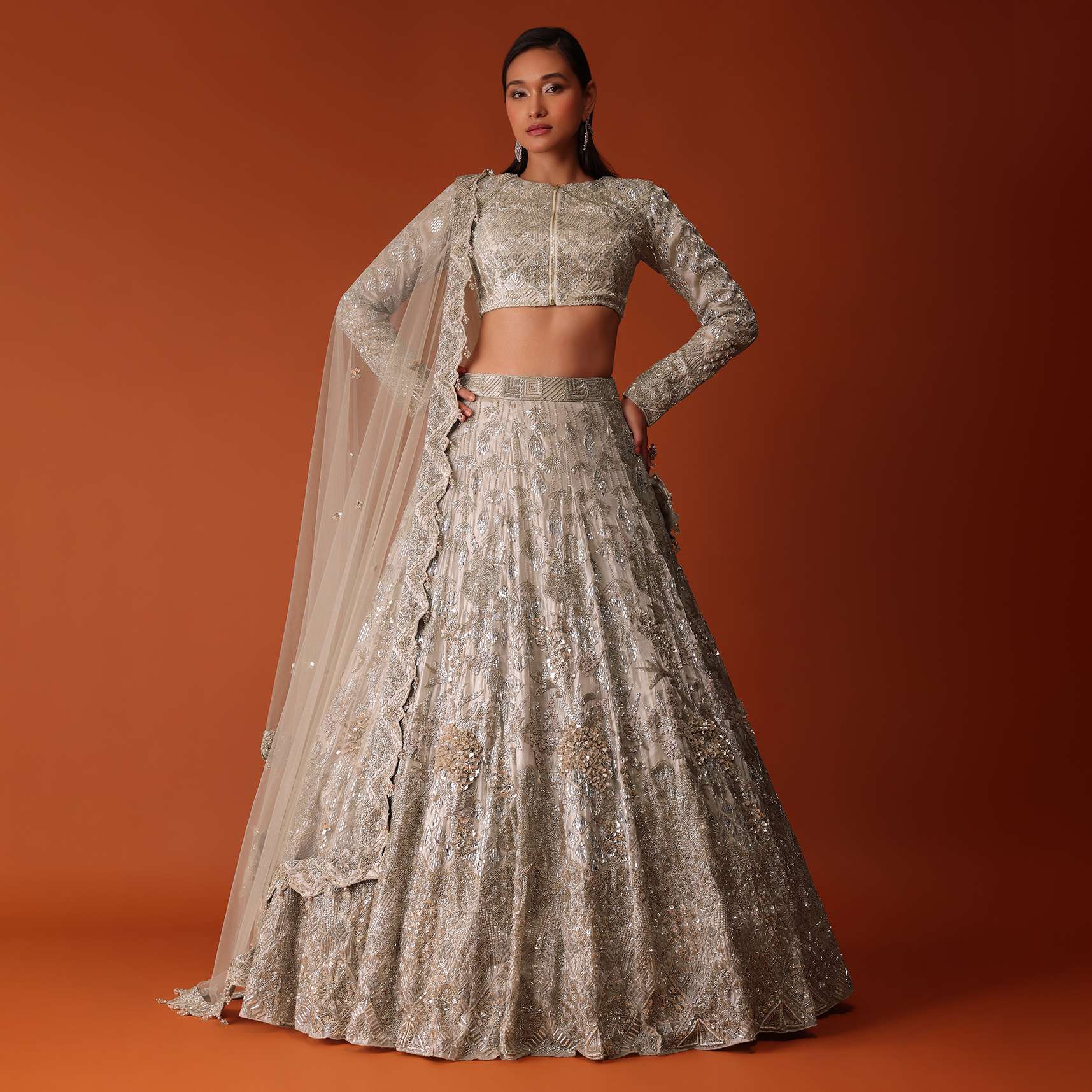 Gold Hand Embroidered Bridal Lehenga Set In Organza