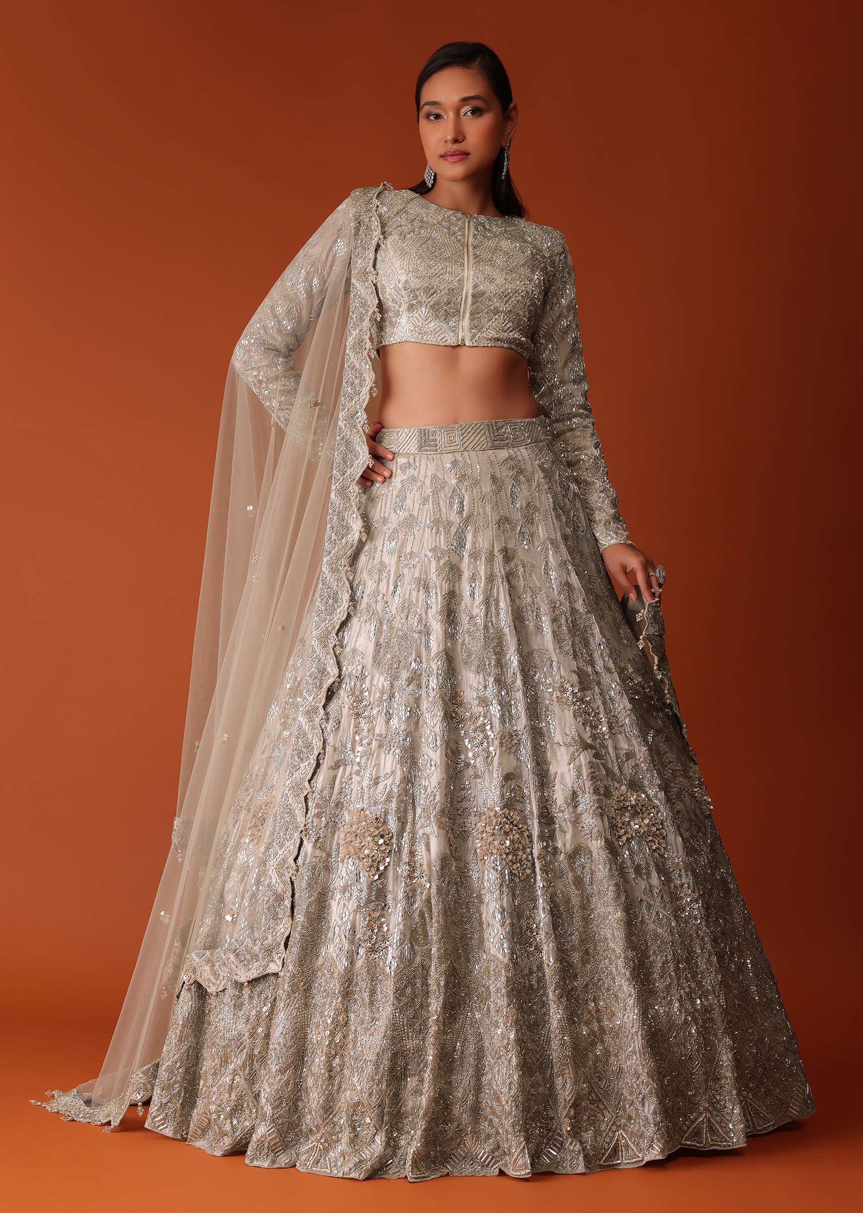 Gold Hand Embroidered Bridal Lehenga Set In Organza