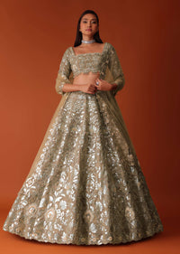 Gold Hand Embroidered Bridal Lehenga Set In Foil Print