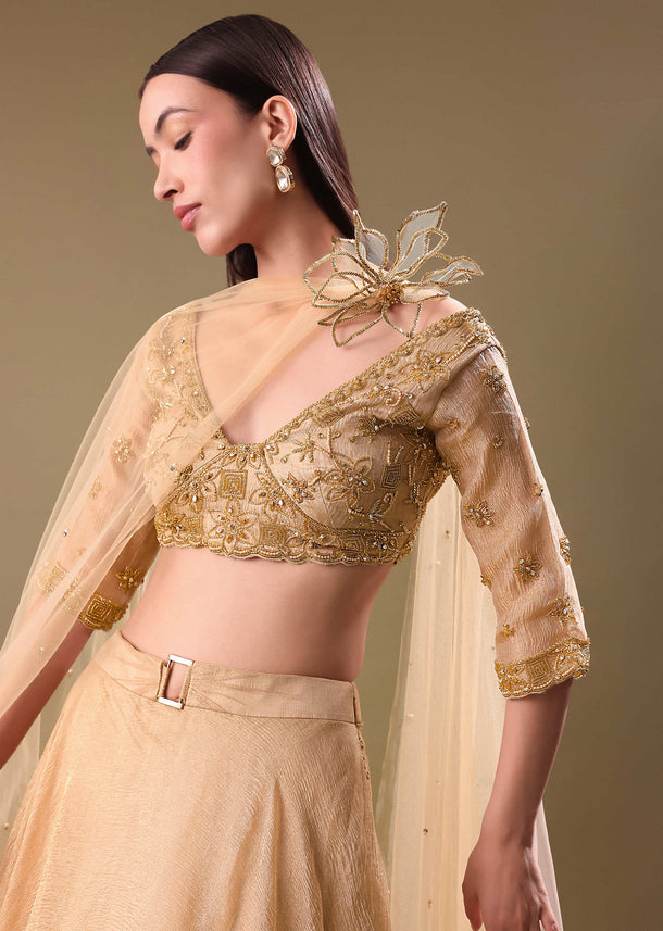 Gold Hand Embroidered Tissue Lehenga And Blouse With Dupatta