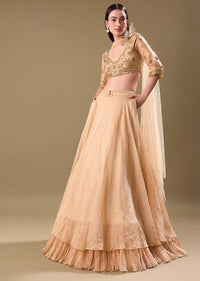 Gold Hand Embroidered Tissue Lehenga And Blouse With Dupatta